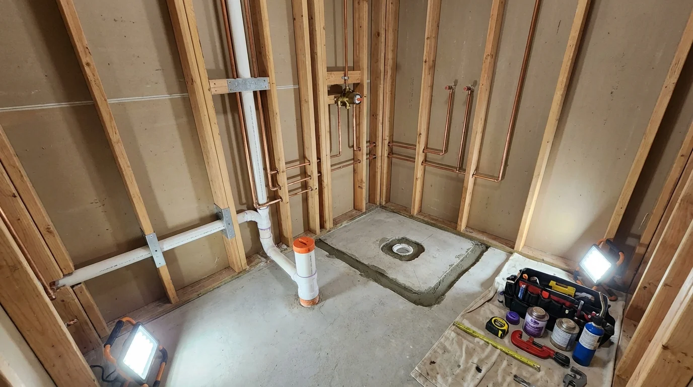 Bathroom rough-in plumbing during remodel by Johns Plumbing LLC in Norristown