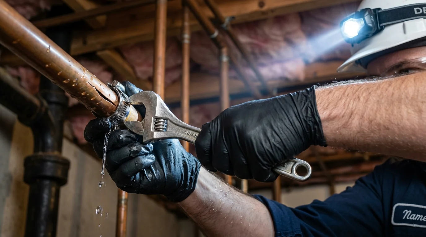 Emergency pipe clamp repair being performed by a Johns Plumbing LLC plumber in Norristown