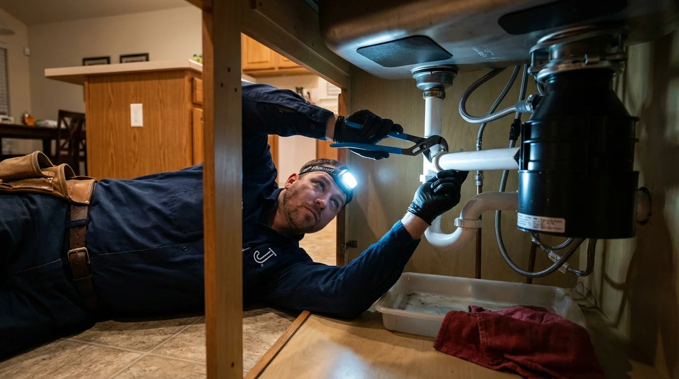 P-trap and supply line connections under a kitchen sink showing a common leak point in Norristown, PA